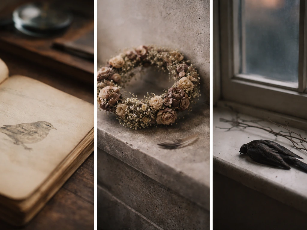 Minimal montage of an old book page, a faded memorial wreath, and feathered bird symbolism in muted tones.