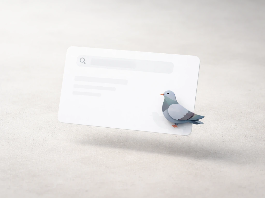 Floating search card with a non-readable UI blur and a small pigeon icon motif on a clean background.