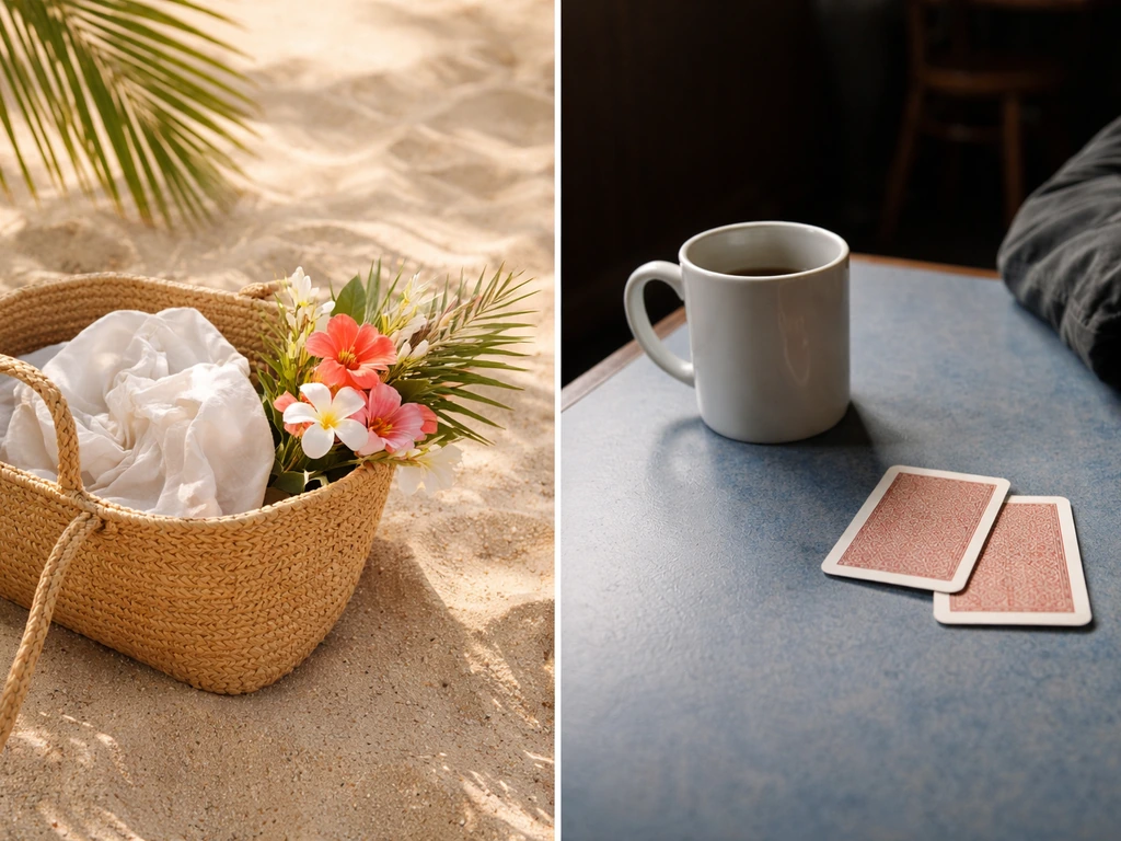 Minimal split image: beach tote with flowers on the left, and a muted pub table with cards on the right.