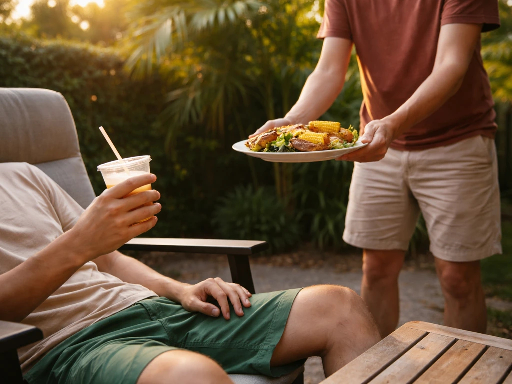 Anonymous friends in a backyard, one sitting back while another offers food.