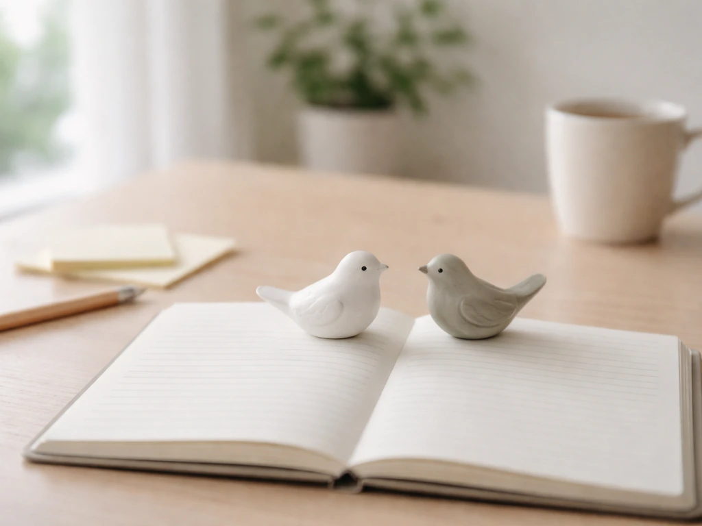 Minimal desk scene with a notebook and two small bird-shaped objects for comparing similar bird slang
