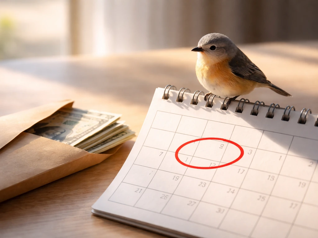 Small stylized bird perched near a money envelope beside a calendar, symbolizing payday slang meaning.