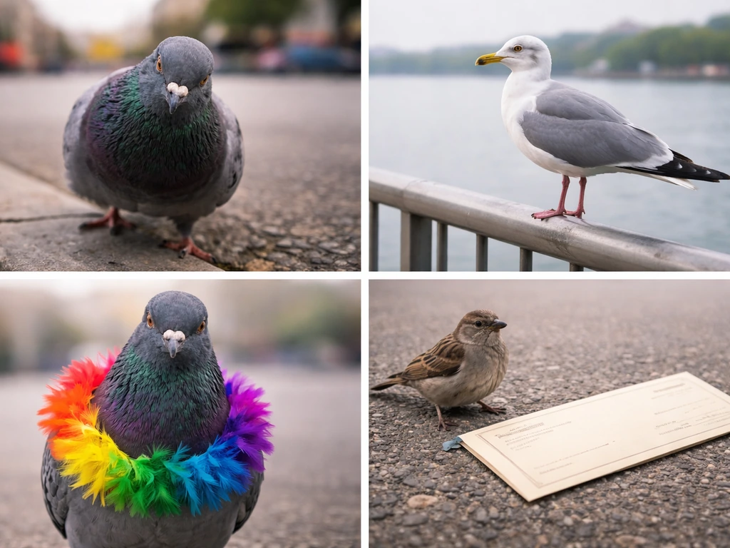 Four minimal panels showing a pigeon and seagull with simple pride/meme vibes, representing payday bird meanings.
