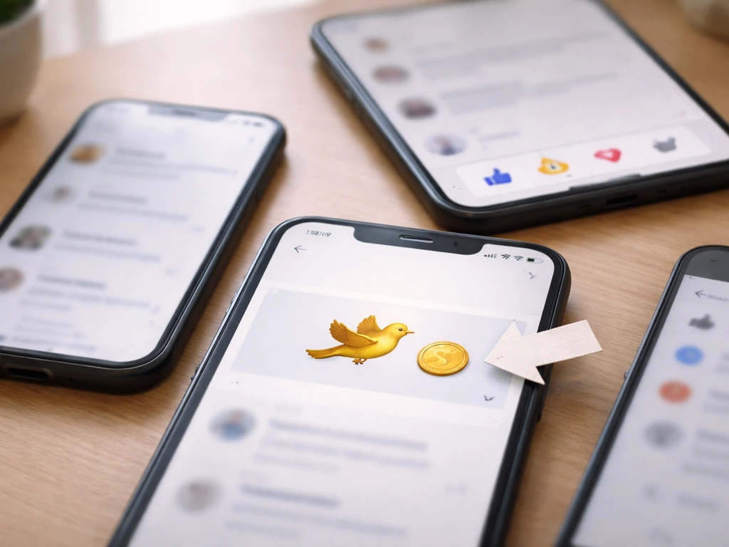 Minimal collage of anonymous social platforms with a small bird icon and payday-themed reaction