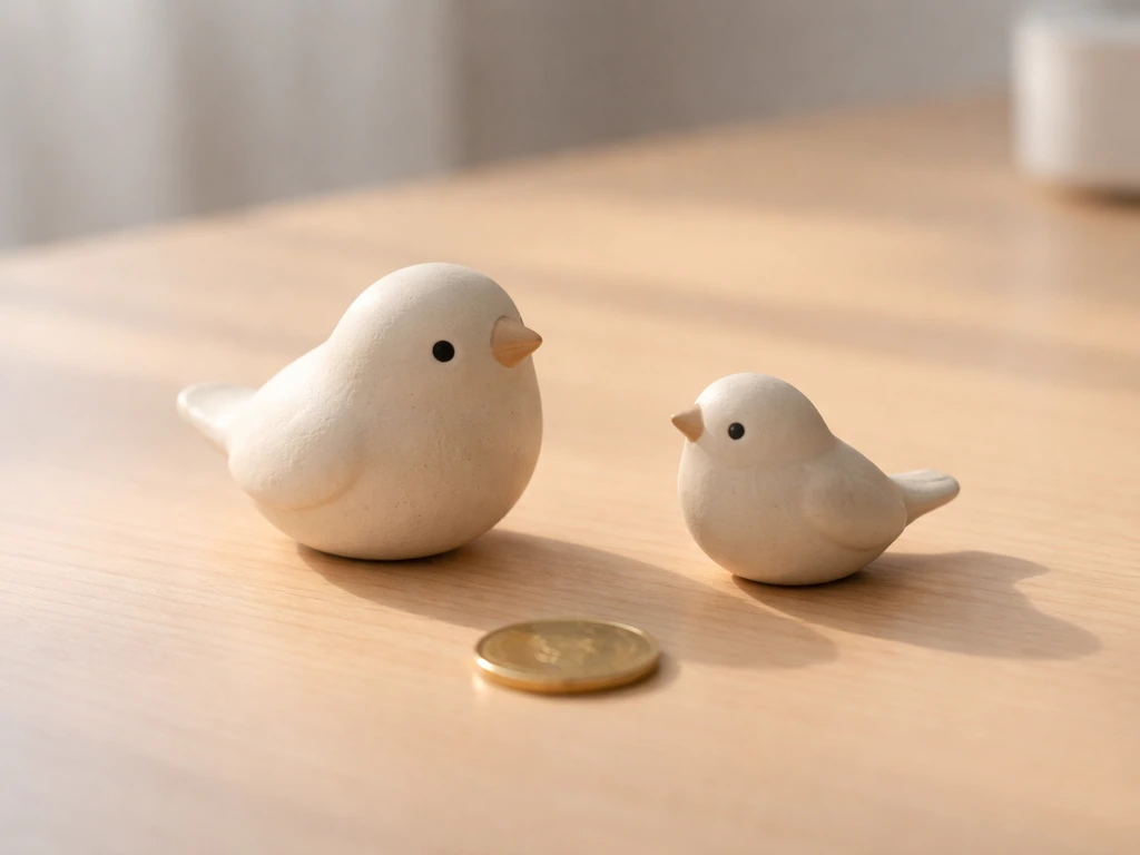 Minimal desk scene with two small bird figurines beside a coin, suggesting confusion between bird slang terms.