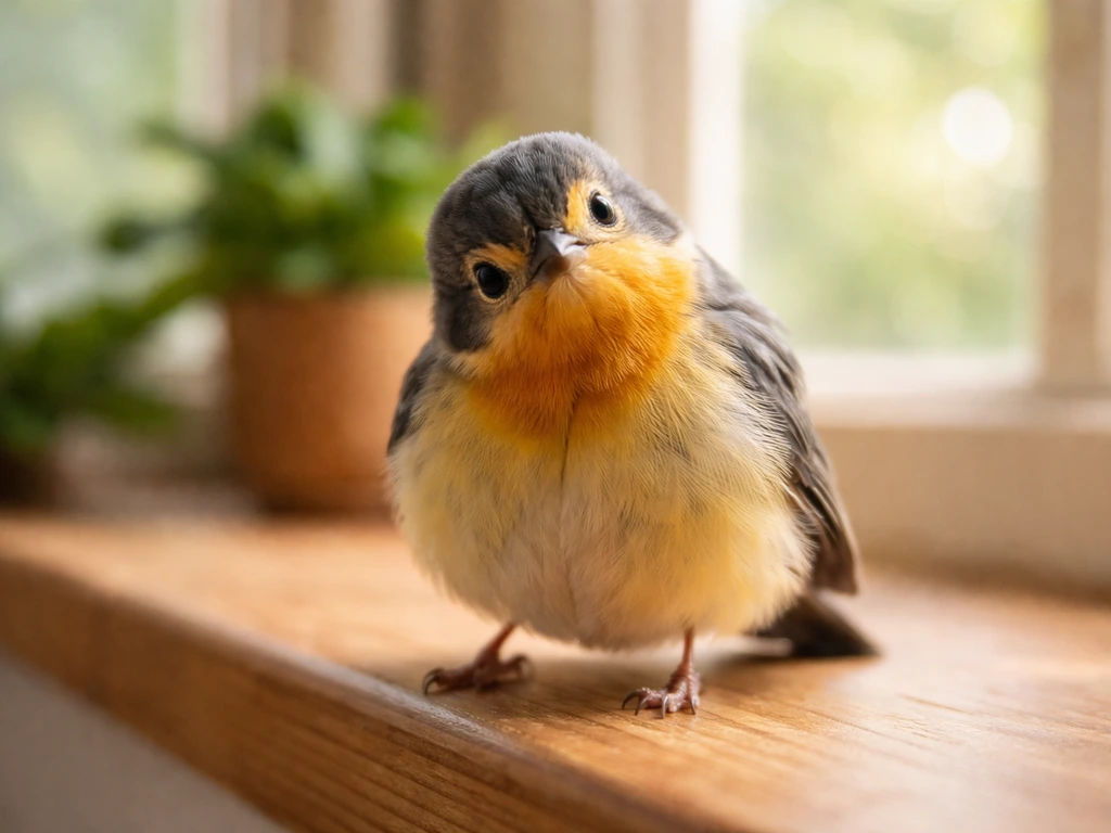 A playful bird perched near a cozy window, evoking an affectionate “silly bird” slang mood.
