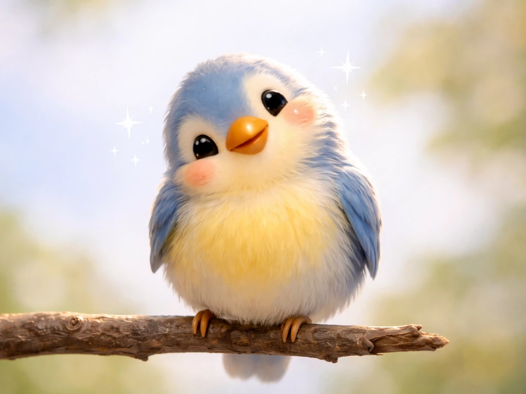 A friendly cartoon bird on a branch with sparkles, playful and warmly teasing vibes.