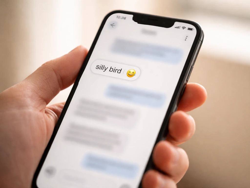 Close-up of a phone with a teasing “silly bird” text and a laughing emoji in a DM thread.