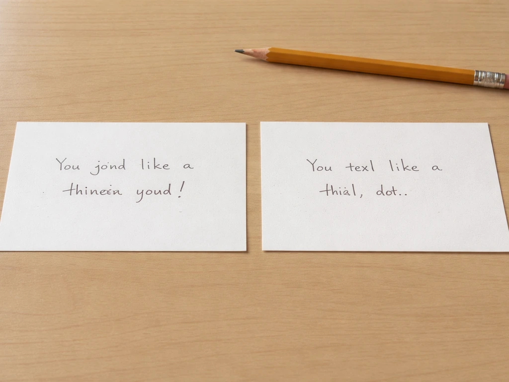 Two handwritten dialogue cards on a wood desk, showing playful punctuation and toned-down wording alternatives.