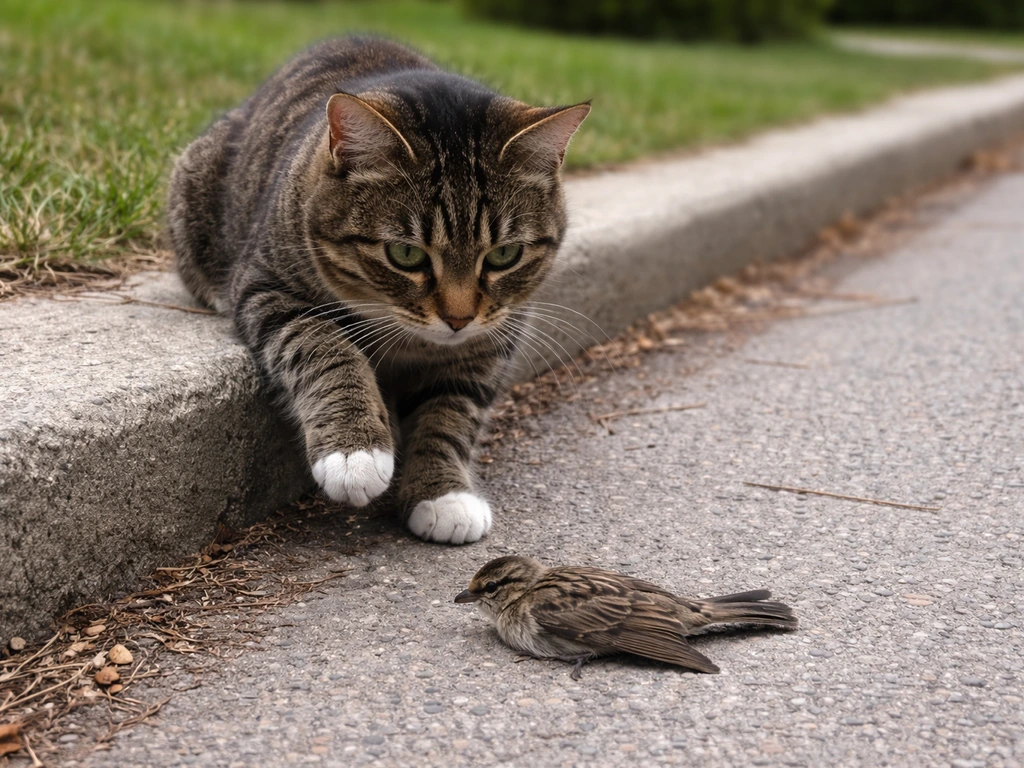 Tabby cat crouches near a small bird on the ground, tense but non-graphic, realistic street edge scene.