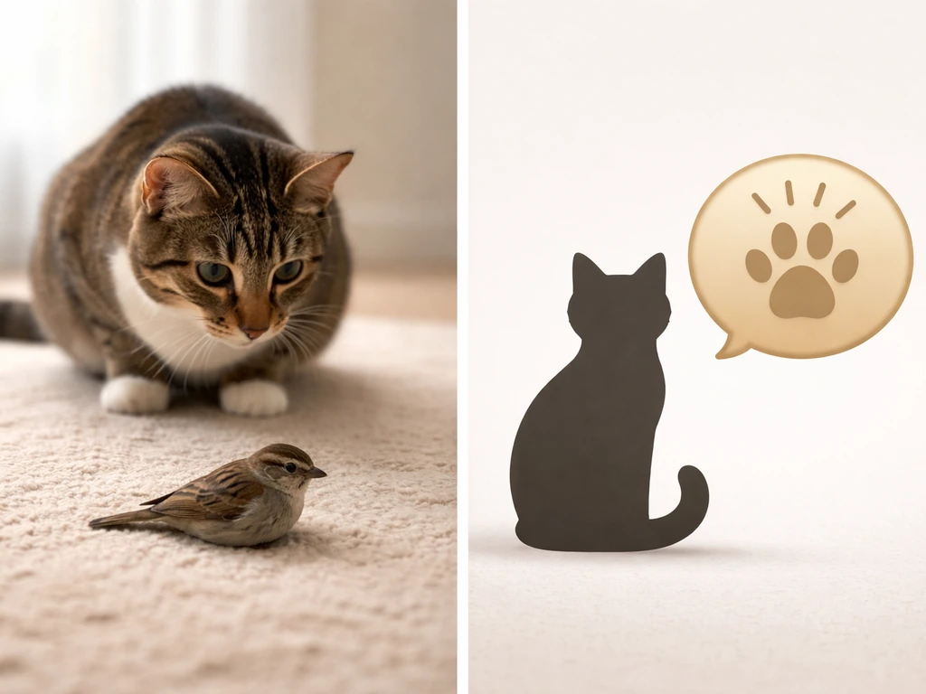 Two-panel scene: a cat near a bird on the left and a generic cat-shaped silhouette metaphor on the right.