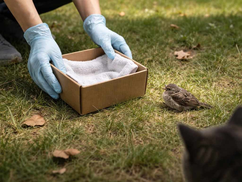 Gloved hands covering an injured bird with a towel-lined small box while keeping away from a cat.