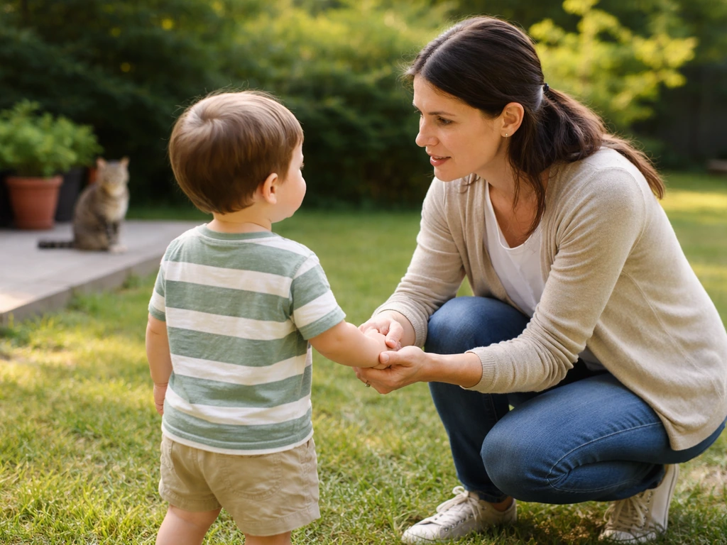 Caregiver gently guiding a child away in a backyard with a cat blurred in the background.