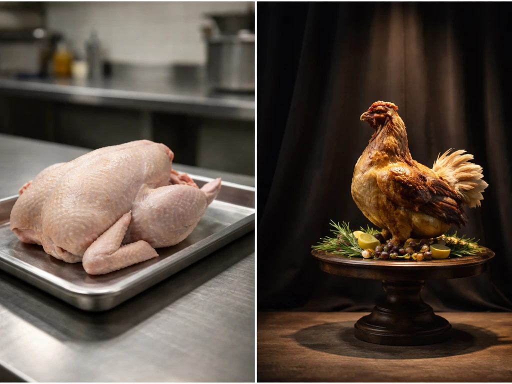 Split scene: processed poultry on a kitchen tray versus a staged ceremonial bird display.