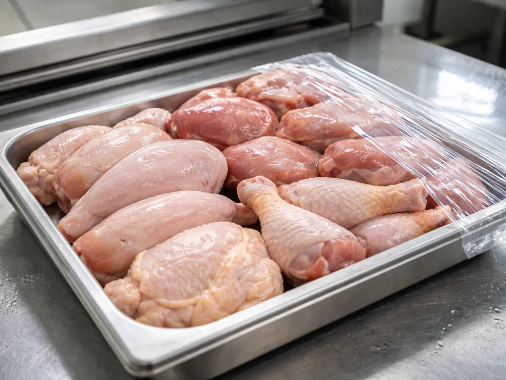 Close-up of cleaned poultry portions in a tray, ready-to-cook packaging setup in a bright food prep area.