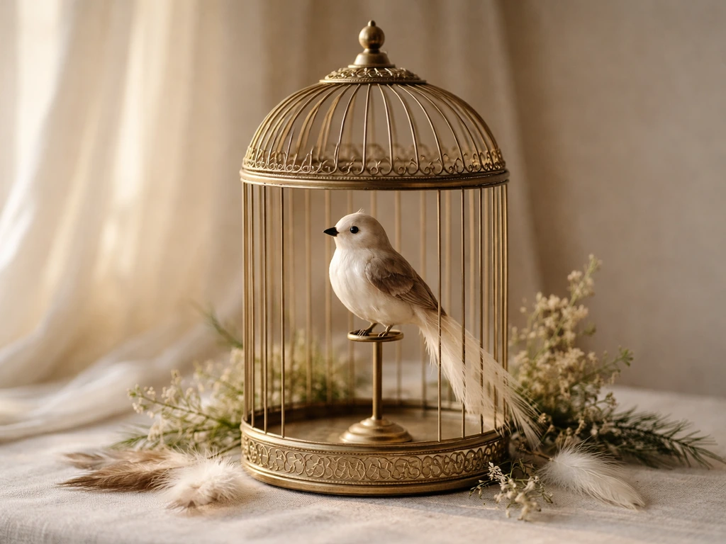 A small ceremonial bird display centerpiece with a decorated birdcage, symbolizing readiness and appearance.