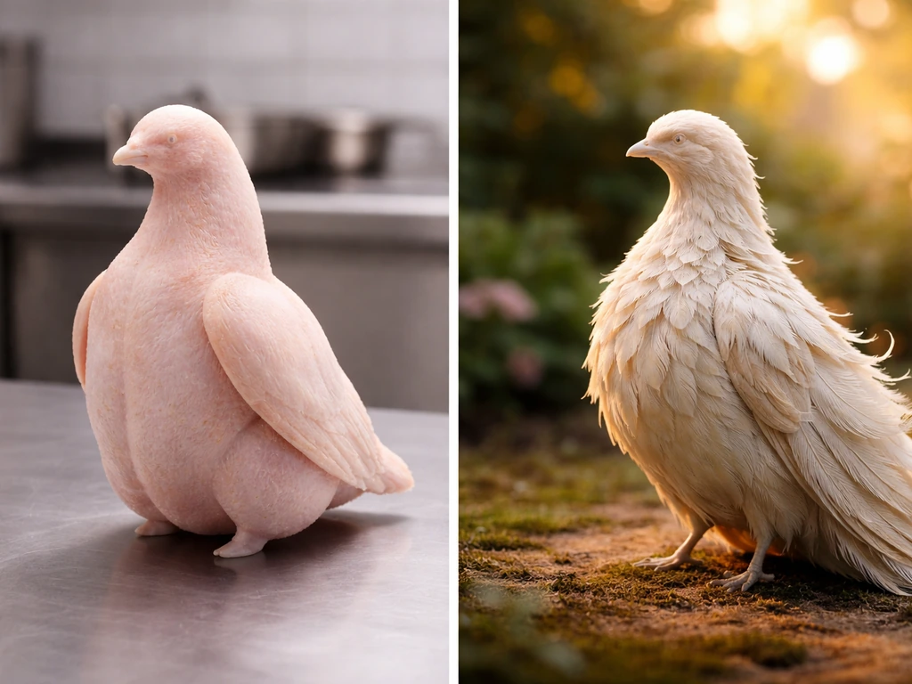 Two simple side-by-side symbolic scenes: one bird with processed poultry styling, one elegant ornate birdlike fashion.