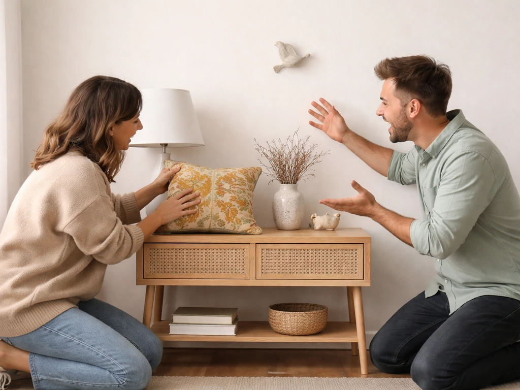 Anonymous decorators excitedly styling a console table with subtle bird-themed decor in a simple living room.