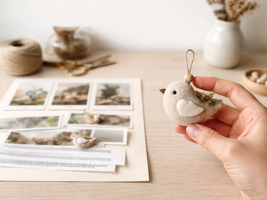 Close-up of a hand holding a bird ornament with a simple collage of blurred social caption strips.