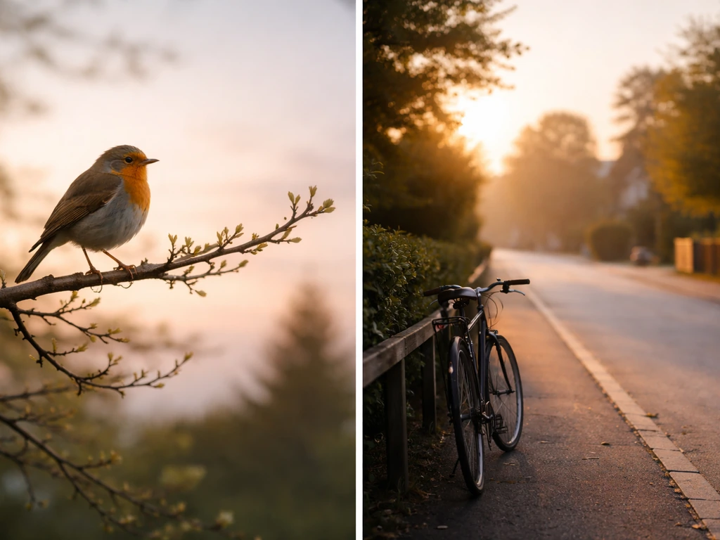 A perched songbird at dawn beside an early-morning commuter scene evoking “early bird” usage.