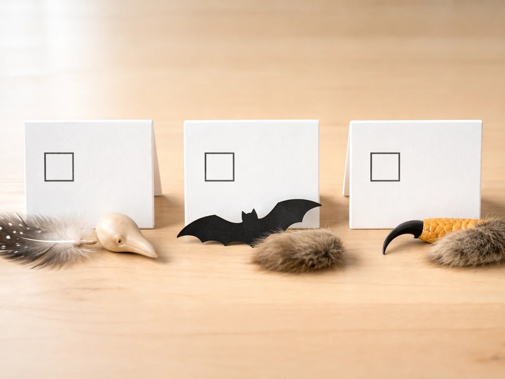 Minimal tabletop photo showing blank checkbox cards with feather and bat-like lookalike props.