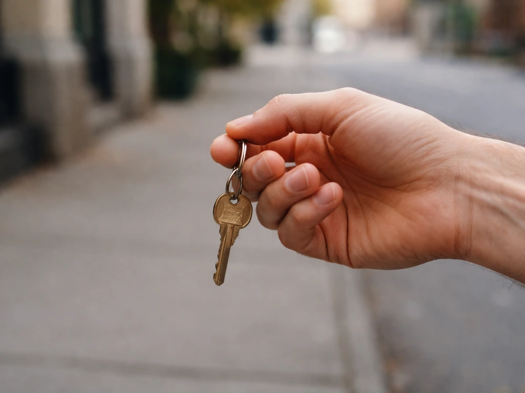 Minimal close-up of an outstretched hand holding a single keyring, with a quiet city street background